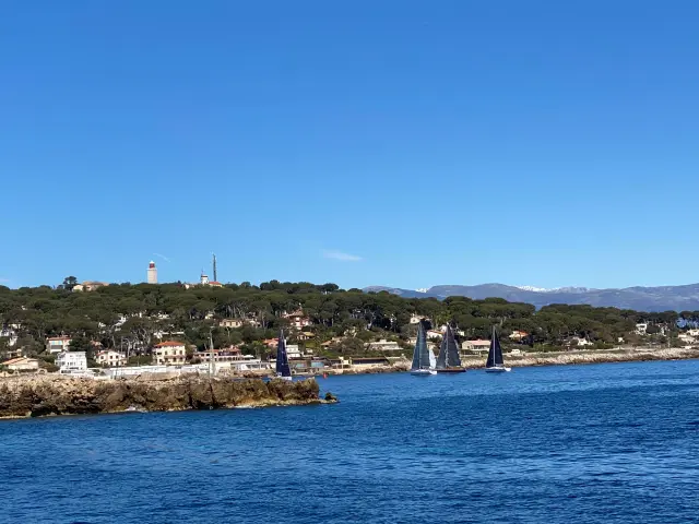 Voiliers devant les villas et la colline du phare de La Garoupe