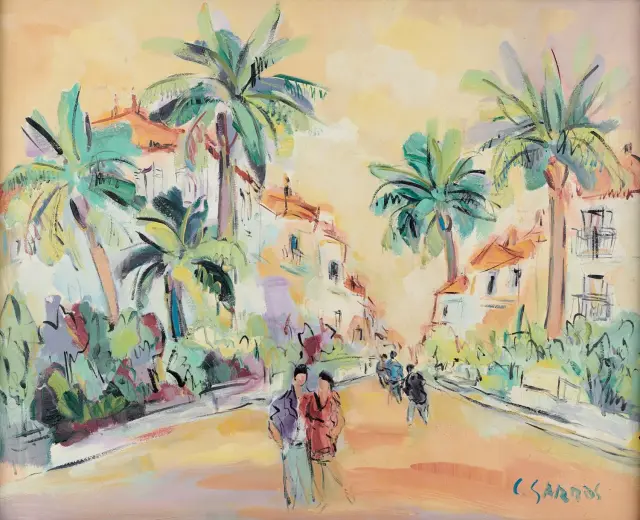 Peinture d’une rue du Cap bordée de maisons et de palmiers
