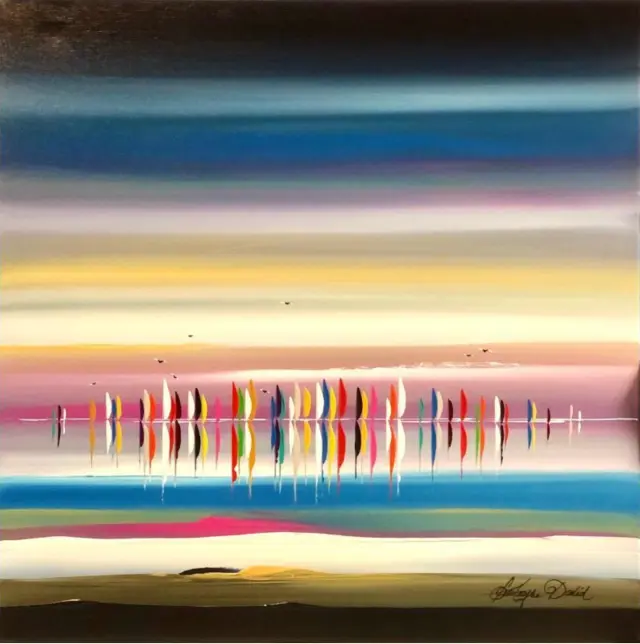Peinture aux bandes de couleurs et aux petites voiles alignées à l’horizon
