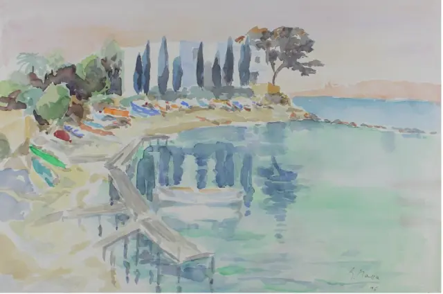 Aquarelle d’arbres et de cyprès se reflétant dans une eau calme