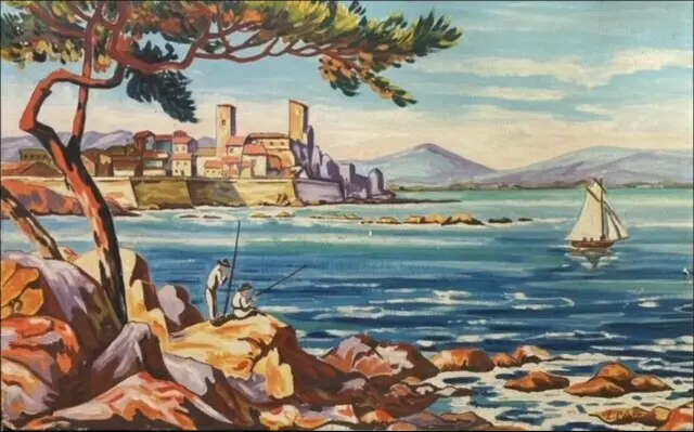 Peinture d’Antibes et d’un voilier vus entre les pins depuis le rivage