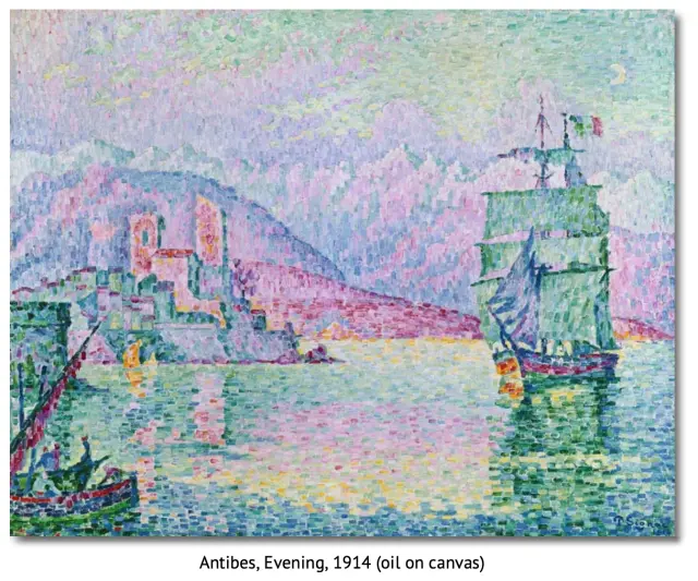 Peinture pointilliste d’Antibes et d’un voilier aux teintes mauves et vertes
